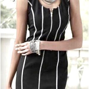 Midnight Velvet Zip-Front Bodycon Dress – Edgy Metallic Stitching, Size M EUC